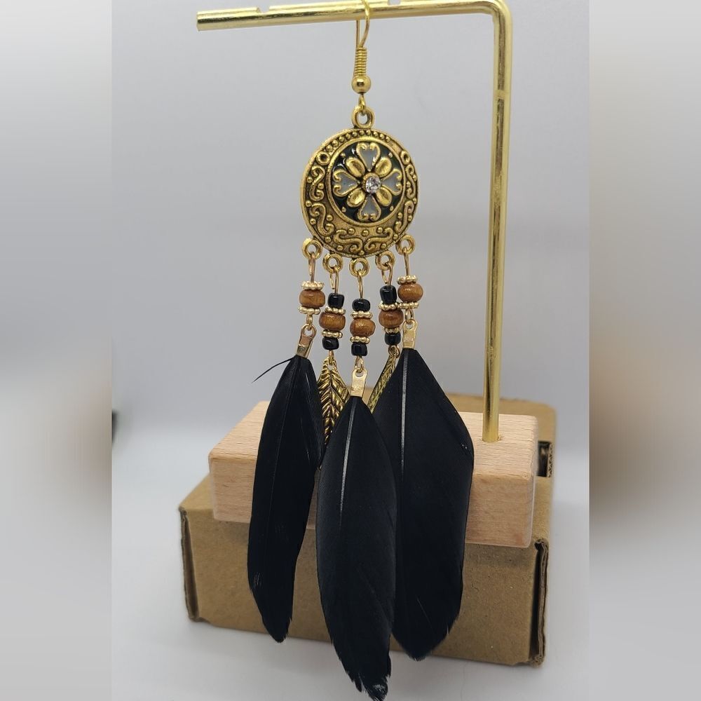Black Boho Feather Tassel Floral Beaded Dangle Earrings Tribal Native Gypsy New - Picture 5 of 7